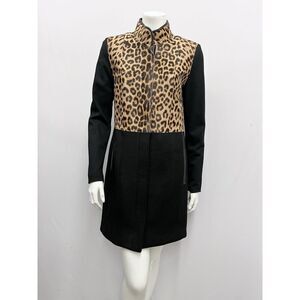 Elie Tahari Coat Brown & Tan Animal Print Calfskin Black Wool Leather Trim‎ XS